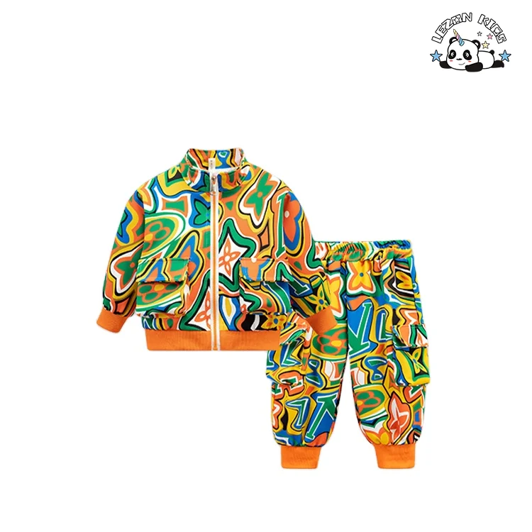 LEZONKIDS - Custom Children Clothes Boys Graffiti Printed Zipper Clothing Set Sweatshirt and Pants Long Sleeve Baby Two Pieces Set
